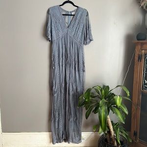 Pink Blush Blue Lace Mesh Overlay Maxi Maternity Dress